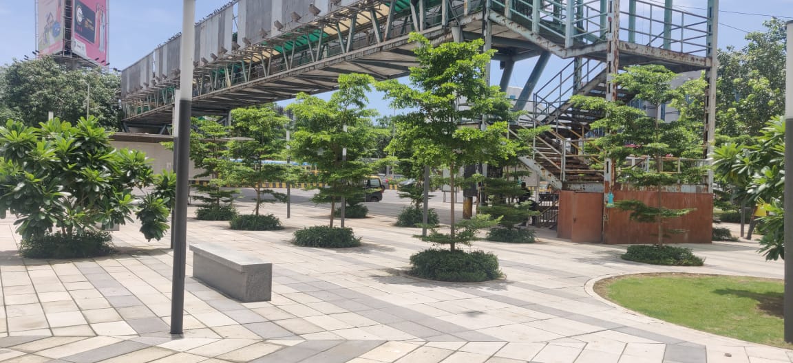 Beautiful garden landscape at BKC Park with lawn and plantation design